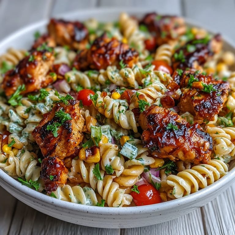 Freshly prepared Honey BBQ Chicken Pasta Salad plated for serving, garnished with lively herbs, showcasing colorful vegetables, and drizzled with creamy honey-BBQ sauce for a delicious main dish.