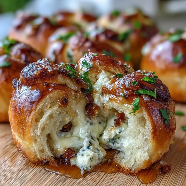 Freshly baked Hot Honey Ricotta Stuffed Garlic Knots on a rustic wooden board, brushed with garlic butter.