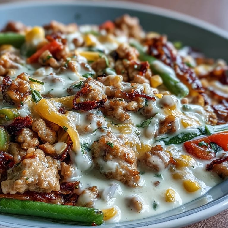 A close-up of Creamy Ranch Turkey & Veggie Skillet in a skillet, melted cheddar bubbling over tender vegetables, ready to be served over pasta or rice.