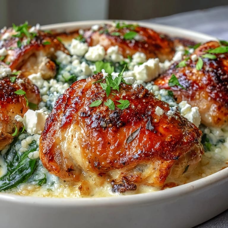 Close-up on the bubbling Creamy Greek Chicken & Pearl Couscous Bake revealing golden feta and tender pearl couscous in a skillet.