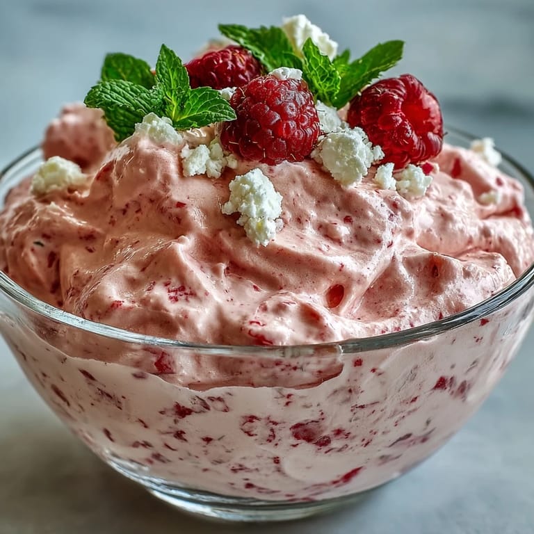 A spoon dips into creamy Cottage Cheese Raspberry Mousse, with bright red raspberries adding a sweet and tangy contrast.
