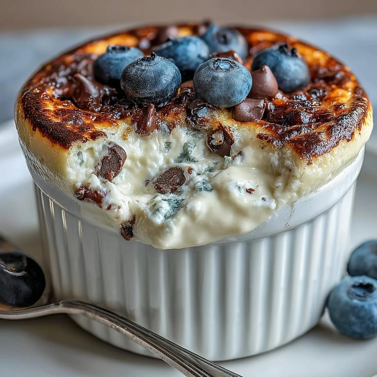 Healthy Baked Greek Yogurt baked in a ramekin, ready to eat with a spoon.