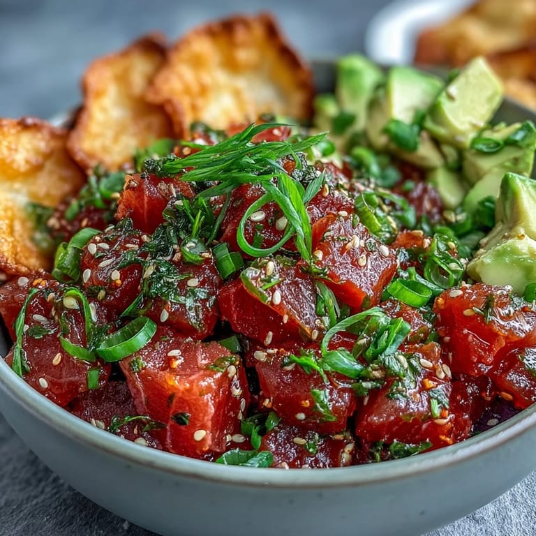 Freshly diced sushi-grade tuna in a zesty sriracha-lime dressing, topped with sesame seeds, rests next to crispy wonton chips.
