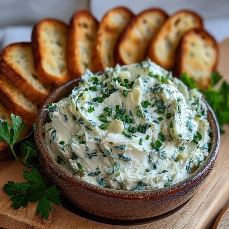 Whipped Garlic & Herb Crostini Spread on a toasted bread slice with extra chopped parsley and a knife for serving.
