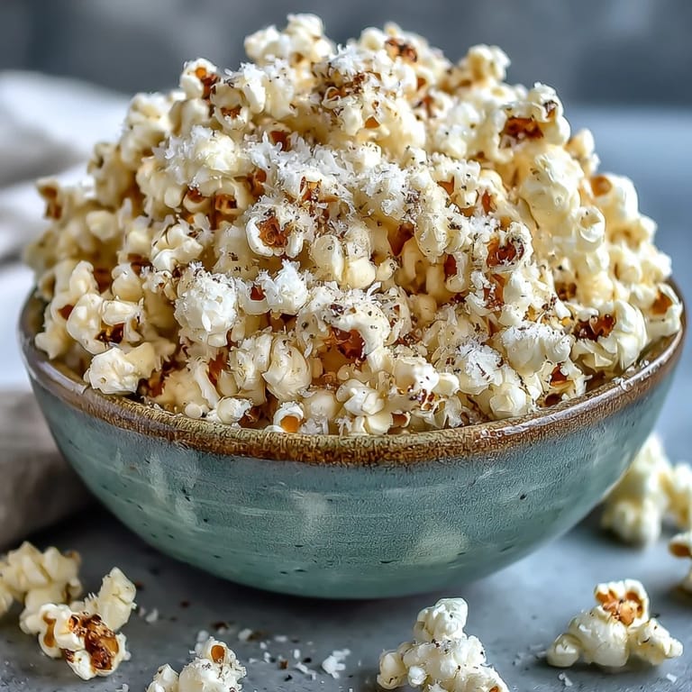 Close-up of golden air-popped Truffle Popcorn, sprinkled with fleur de sel and cracked black pepper for a savory snack. 