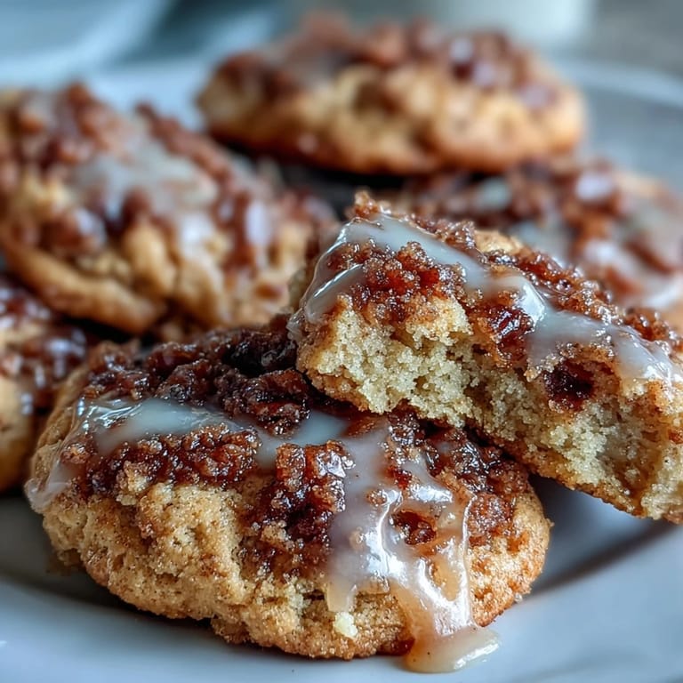 Close-up of warm Gilmore Girls Coffee Cake Cookies with crumbly streusel and drizzle, ready to serve with coffee.