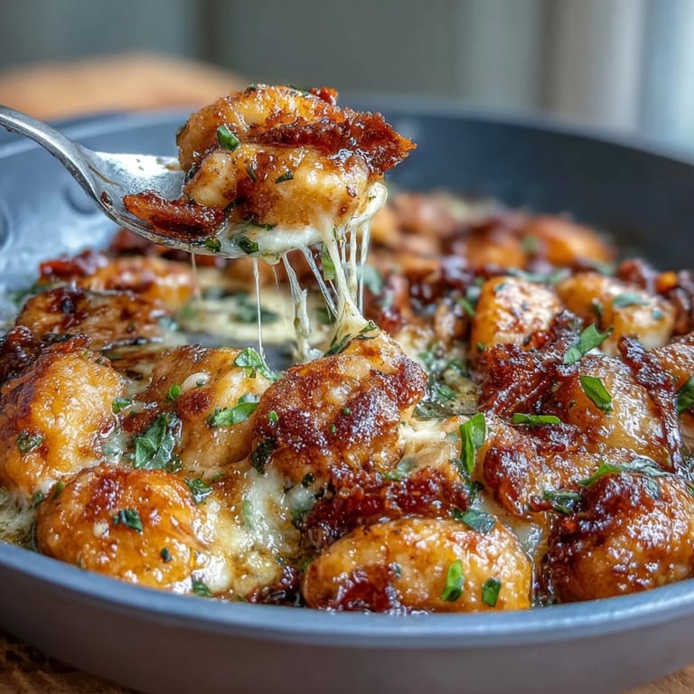 Steam rises from a serving of Chicken Parmesan Gnocchi, revealing tender gnocchi, shredded chicken, and fresh basil garnish.