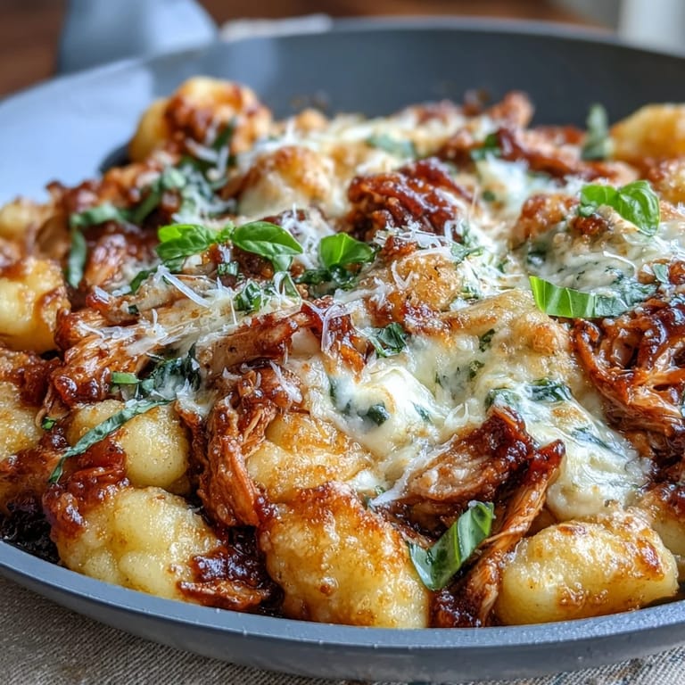 Cheesy, saucy Chicken Parmesan Gnocchi is broiled to perfection in an oven-safe skillet, ready for a family dinner.
