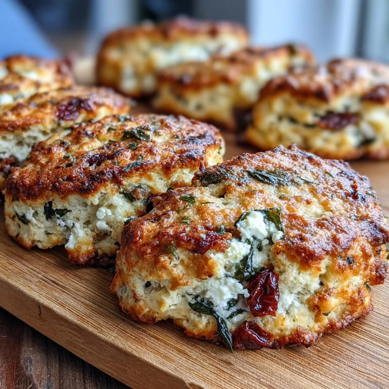Golden-brown, fluffy Breakfast Protein Biscuits studded with spinach and herbs resting on a rustic wooden cutting board.