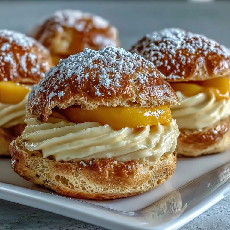 Close-up of Mango Pastry Cream Puffs with piped filling and a light sugar dusting.