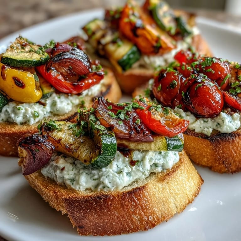 Charred zucchini and bell peppers garnish these easy, vegetarian garlic butter crostini with ricotta and balsamic glaze.