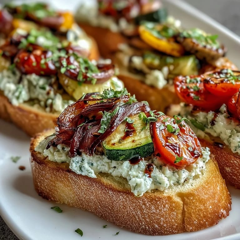 Warm, toasted baguette slices brushed with garlic butter and piled high with savory roasted veggies for a quick appetizer.