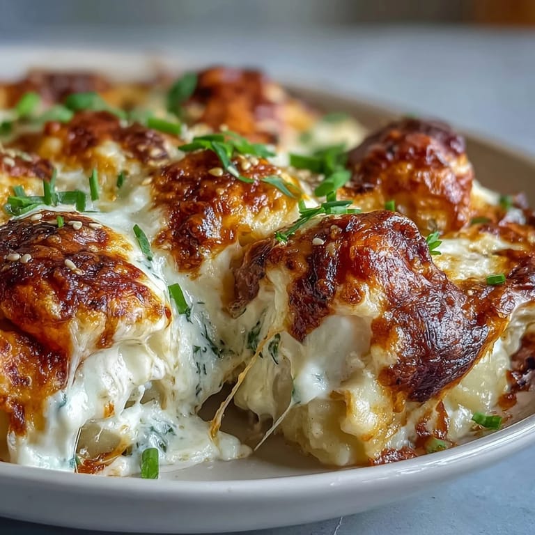 Creamy Trader Joes Dumpling Bake bubbling from the oven, served hot with a sprinkle of cilantro and sesame seeds.