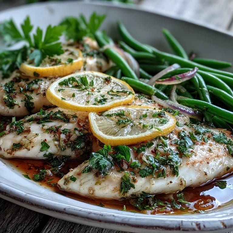 Fork-tender 300-Calorie Lemon Garlic Tilapia Packets with Green Beans with lemon slices and fresh parsley.