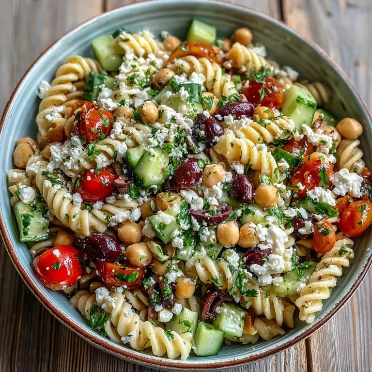 Bowl of Mediterranean Chickpea Pasta Salad with Cucumber and Olives garnished with feta and fresh parsley, ready for a picnic.