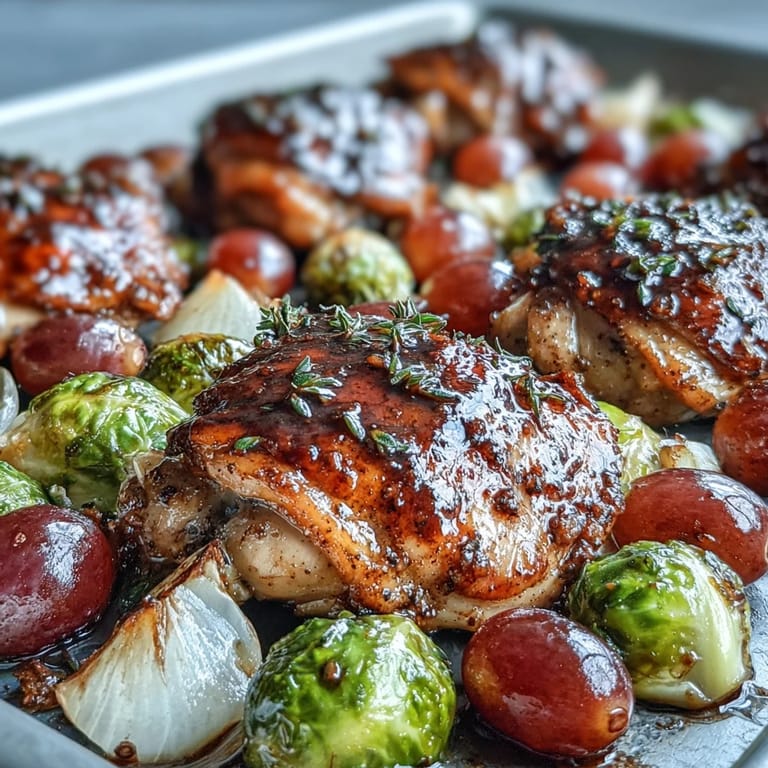 Juicy Sheet Pan Balsamic Chicken beside caramelized Brussels sprouts and roasted grapes on a sheet pan.
