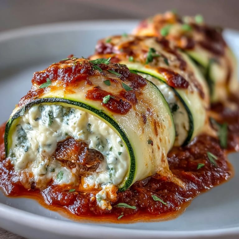Oven-baked Keto Zucchini Lasagna Roll-Ups in marinara sauce, ready to serve for a low-carb Italian dinner.