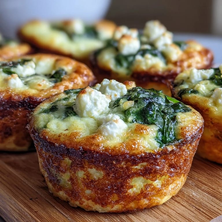 Close-up of fluffy Keto Spinach and Feta Egg Muffins with visible spinach and melted feta cheese.