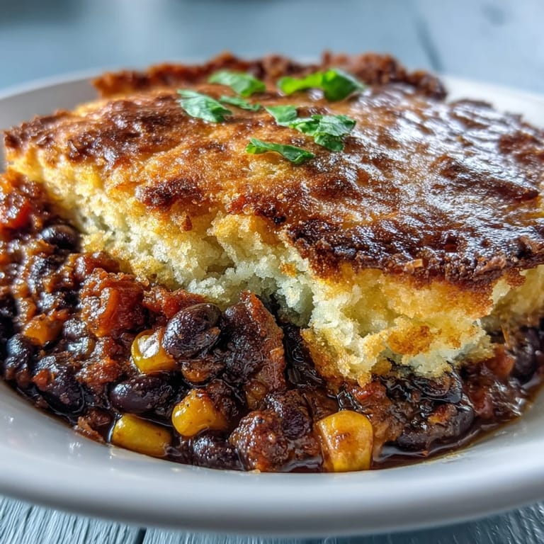 A wooden spoon scoops a hearty serving of Vegan Taco Pot Pie with Black Beans and Cornbread-Style Topping, steam rising from the casserole.