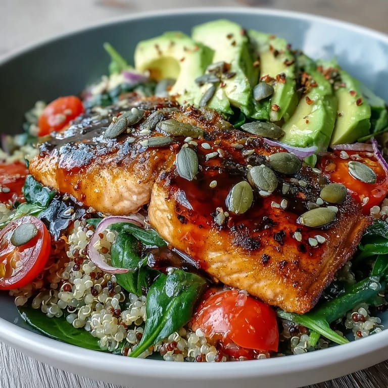 Close-up of seasoned grilled salmon on a vibrant quinoa and avocado power bowl. 