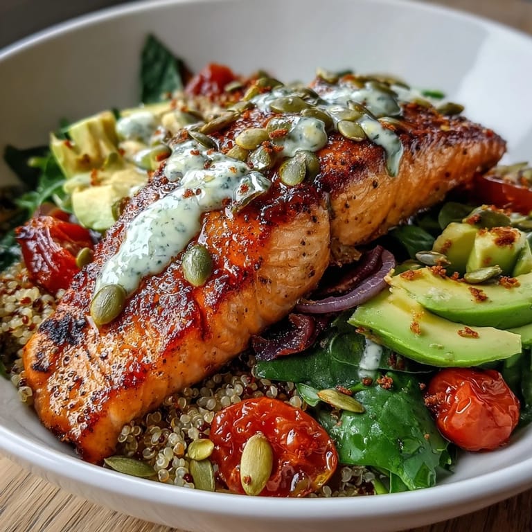 Healthy Grilled Salmon Power Bowl drizzled with citrus dressing and sprinkled with pumpkin seeds.