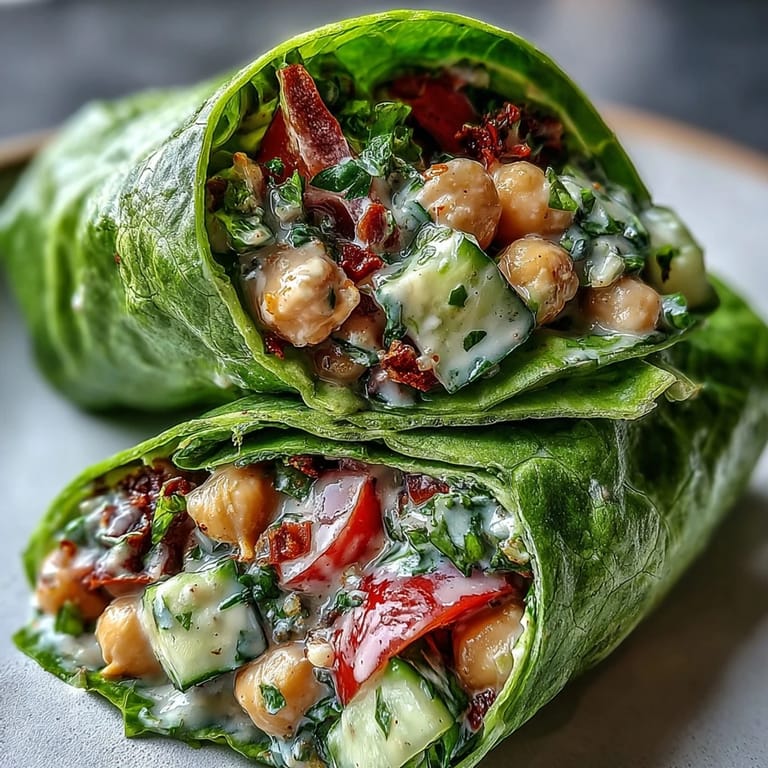 Freshly made Spring Clean Avocado Chickpea Salad Wraps feature vibrant green lettuce leaves filled with a zesty chickpea and avocado mash.
