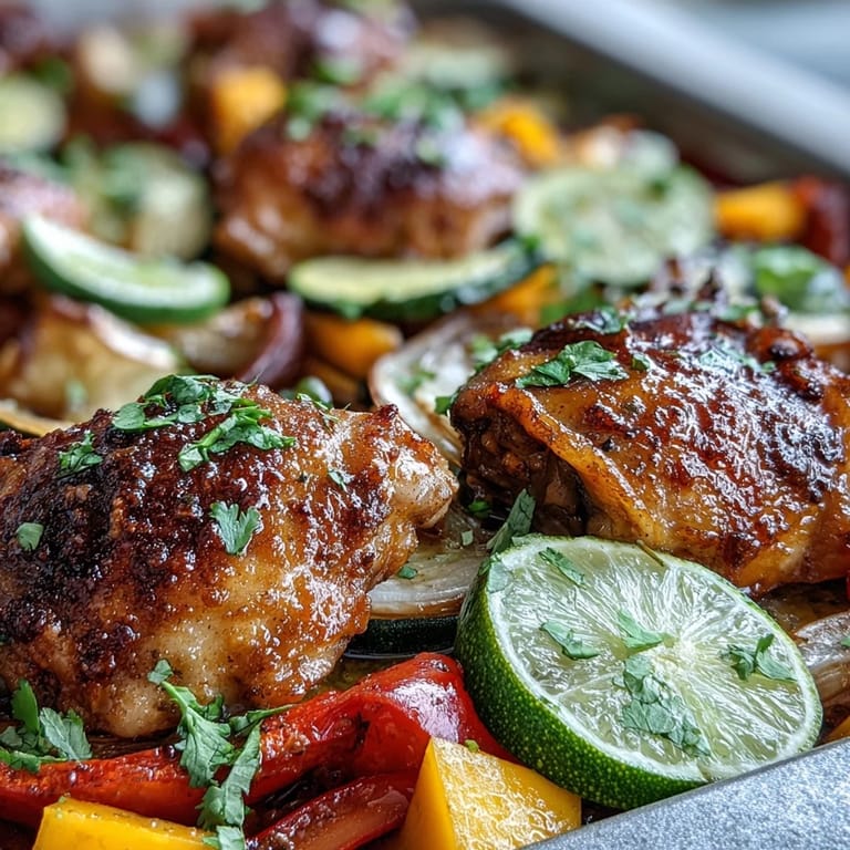 Freshly baked One-Pan Mango Chili Chicken and Veggie Bake in the pan, featuring vibrant red and yellow peppers with caramelized mango.