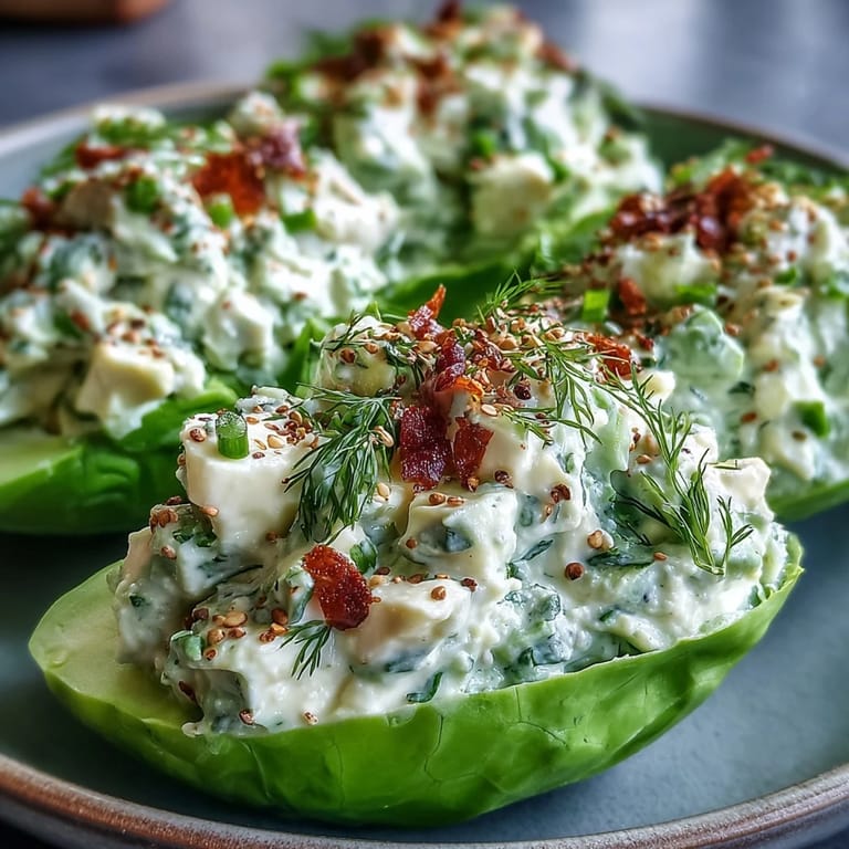 Low-carb keto avocado egg salad lettuce boats topped with crunchy everything bagel seasoning, perfect for quick lunch or snack.