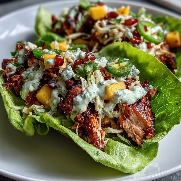 Lean ground turkey filling spiced with chili and cumin in crisp lettuce wraps, crowned with bright mango slaw.