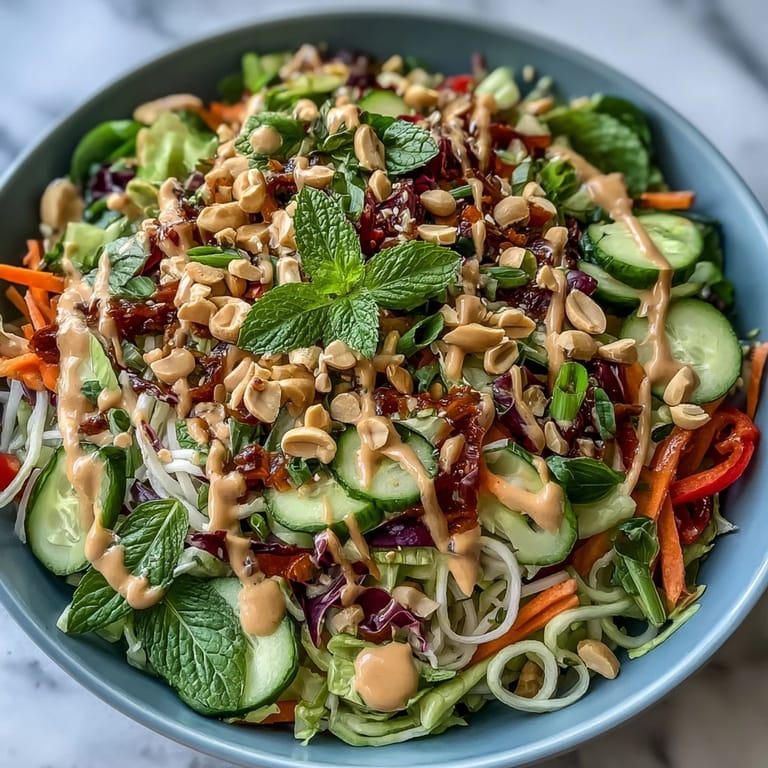 Healthy Vegan Spring Roll Salad with Peanut Dressing tossed with fresh herbs and rice noodles, ready for a light lunch.