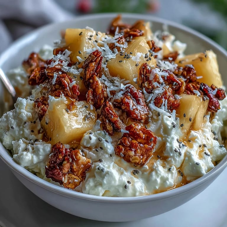 Fresh diced pineapple and crunchy granola garnish a high-protein cottage cheese breakfast bowl.