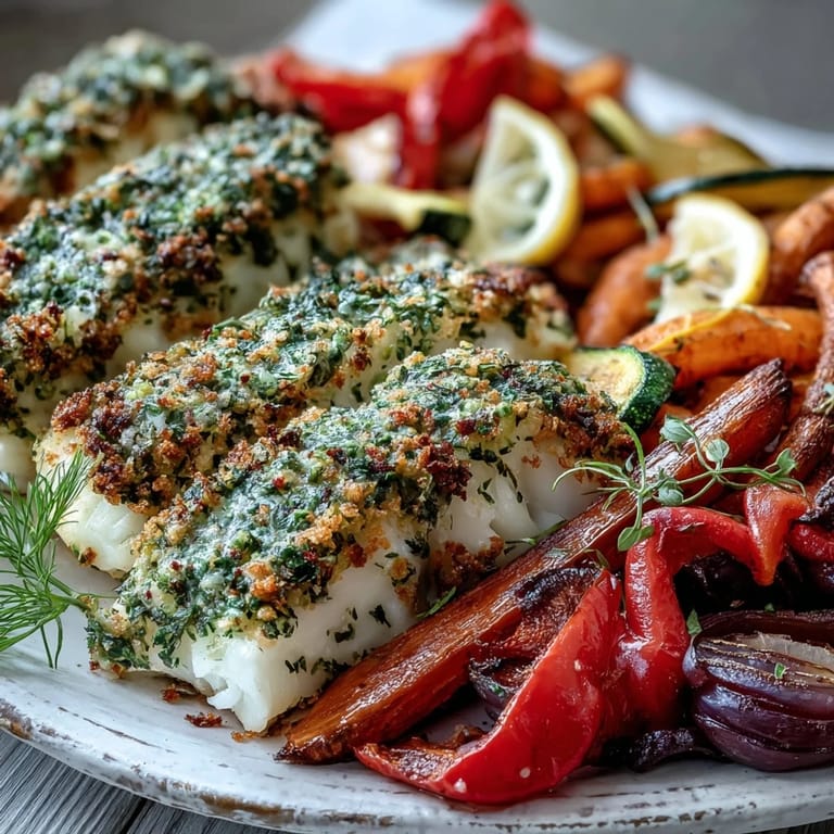 Close-up of a flaky, tender cod fillet with a crispy herb topping, paired with lemon wedges and vibrant roasted vegetable medley.