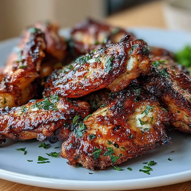 A close-up view shows the wings tossed in rich, melted garlic Parmesan butter, glistening on a white platter.