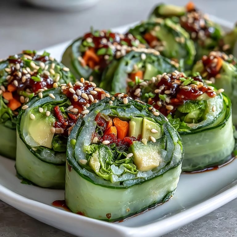 A hand dipping a Light Cucumber Avocado Rolls with Sesame into a savory sauce, with a bamboo mat in the background.