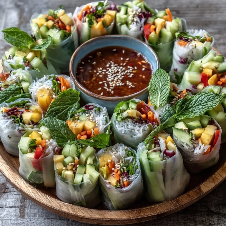 Bright Vegan Mango Avocado Spring Rolls feature crisp carrots and purple cabbage, garnished with fresh herbs and served on a white plate.