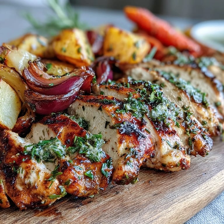 A close-up of Grilled Herb Chicken with Roasted Root Vegetables, showing golden potatoes and parsnips beside juicy, herb-crusted chicken breast.