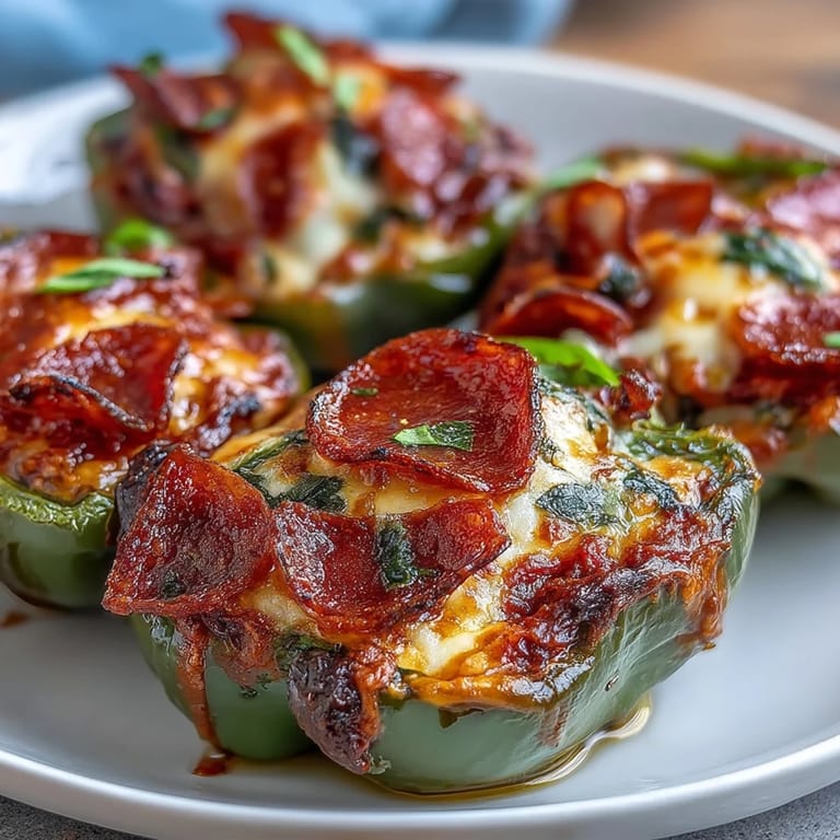 A close-up of Keto Pizza Stuffed Peppers with Mozzarella and Pepperoni, highlighting the colorful bell peppers and rich marinara.
