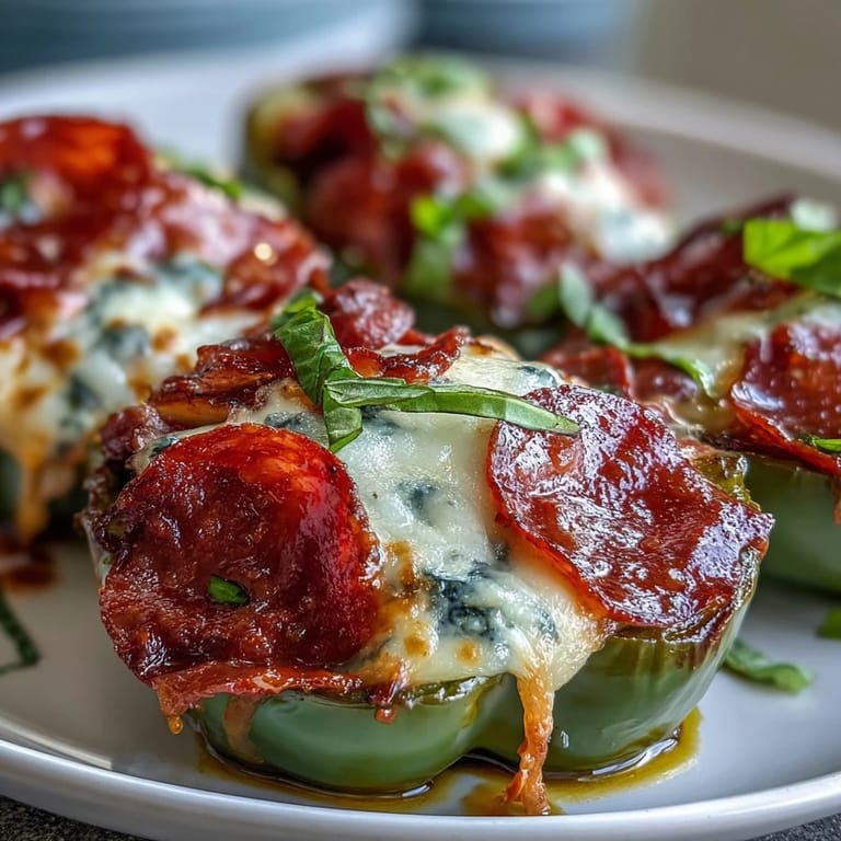 Sliced Keto Pizza Stuffed Peppers with Mozzarella and Pepperoni on a plate, served with fresh basil and a side salad.
