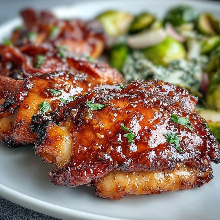 Easy Sheet Pan Honey Mustard Chicken with Brussels Sprouts served with fresh parsley garnish.