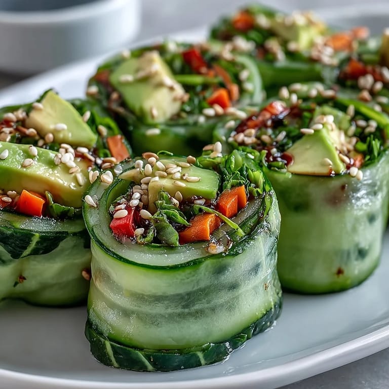 A close-up of Light Cucumber Avocado Rolls with Sesame showing creamy avocado, crisp cucumber ribbons, and a sprinkle of sesame seeds.