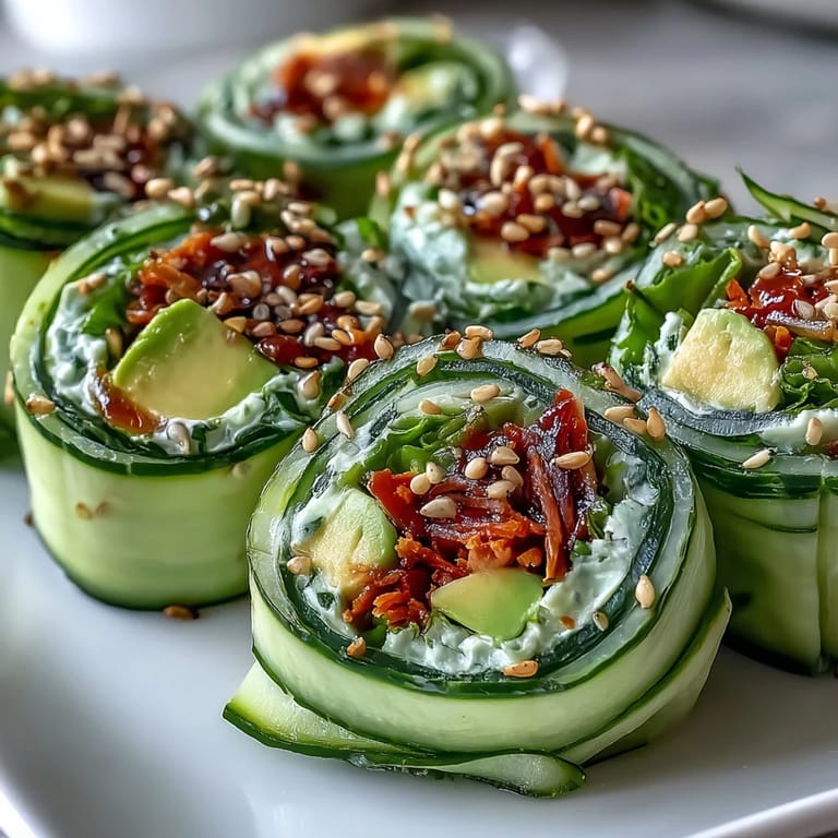 A hand dipping a Light Cucumber Avocado Rolls with Sesame into a savory sauce, with a bamboo mat in the background.