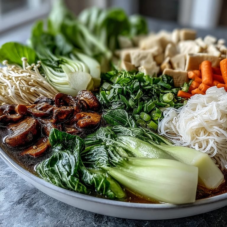 Family-style Asian Hot Pot setup with raw shrimp, rice noodles, and dipping sauces, perfect for interactive gatherings and cozy weeknight dinners.