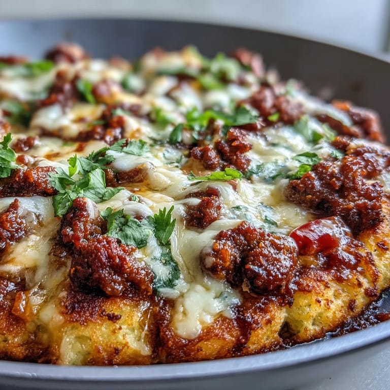 Freshly baked Cheesy Cauliflower Crust Taco Skillet with seasoned beef, olives, and melty cheese on a rustic table.