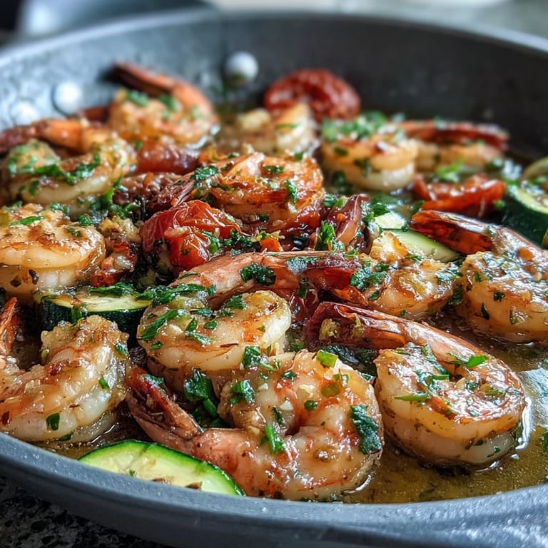 Colorful oven-roasted lemon butter shrimp dish with zucchini and tomatoes, garnished with fresh parsley and lemon wedges for a bright, healthy meal.