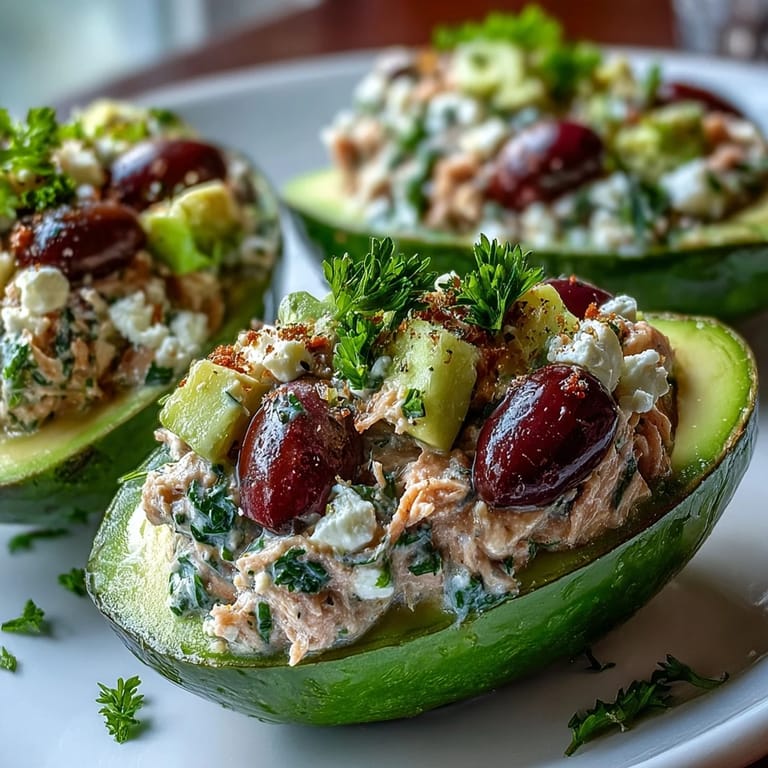 A light and refreshing Mediterranean tuna salad stuffed inside ripe avocados, perfect for a quick, gluten-free, low-carb meal.