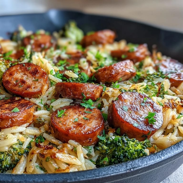Vibrant one-pan dinner of juicy chicken sausage, al dente orzo, and broccoli in a zesty lemon-Parmesan sauce, garnished with parsley.