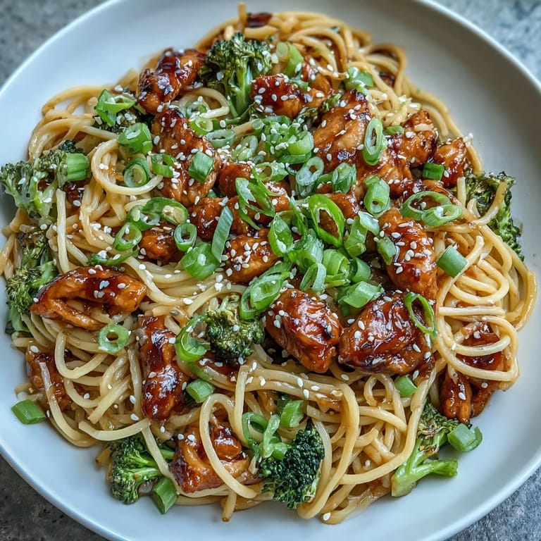 Savory stir-fried egg noodles tossed with juicy chicken, broccoli, and bell peppers, all coated in a rich, sticky garlic sauce for an irresistible dinner.