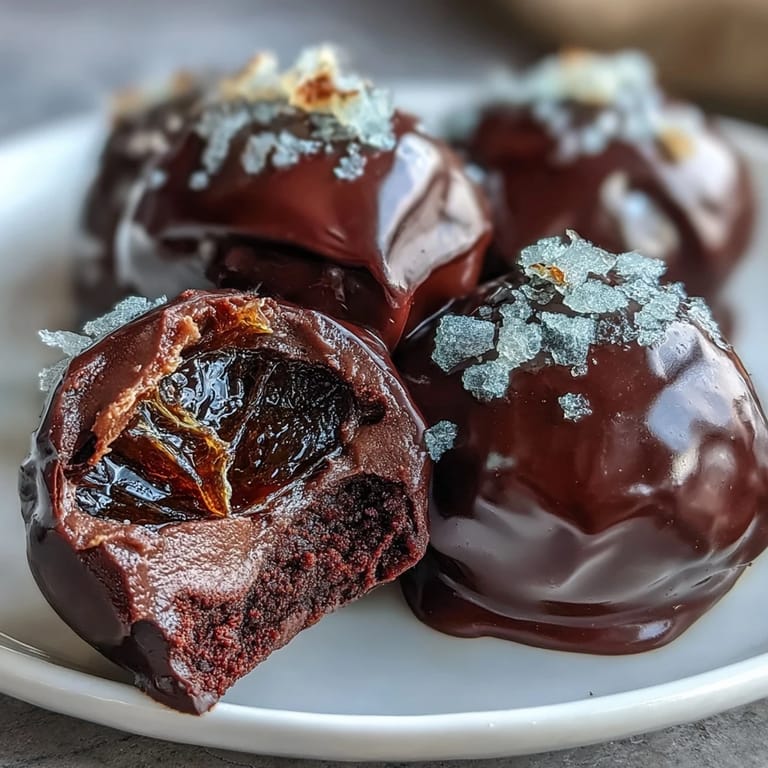 Luxurious dark chocolate truffles featuring a surprise burst of candied orange, ideal for gifting or special occasions.