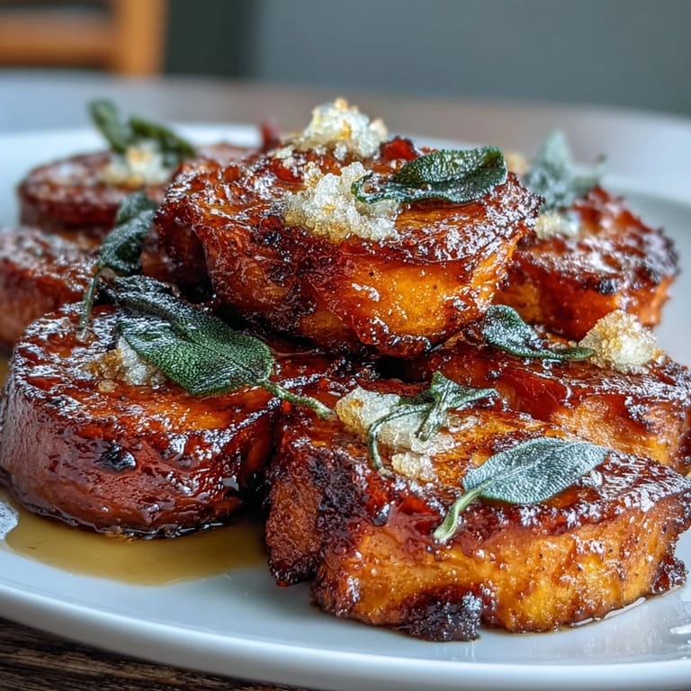 Close-up of glazed sweet potatoes drizzled with rich brown butter-sage sauce, topped with fresh herbs and caramelized edges.  