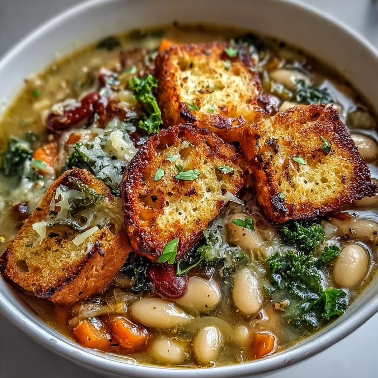 Rustic Italian ribollita soup loaded with white beans, kale, and golden sourdough croutons for a comforting meal.  